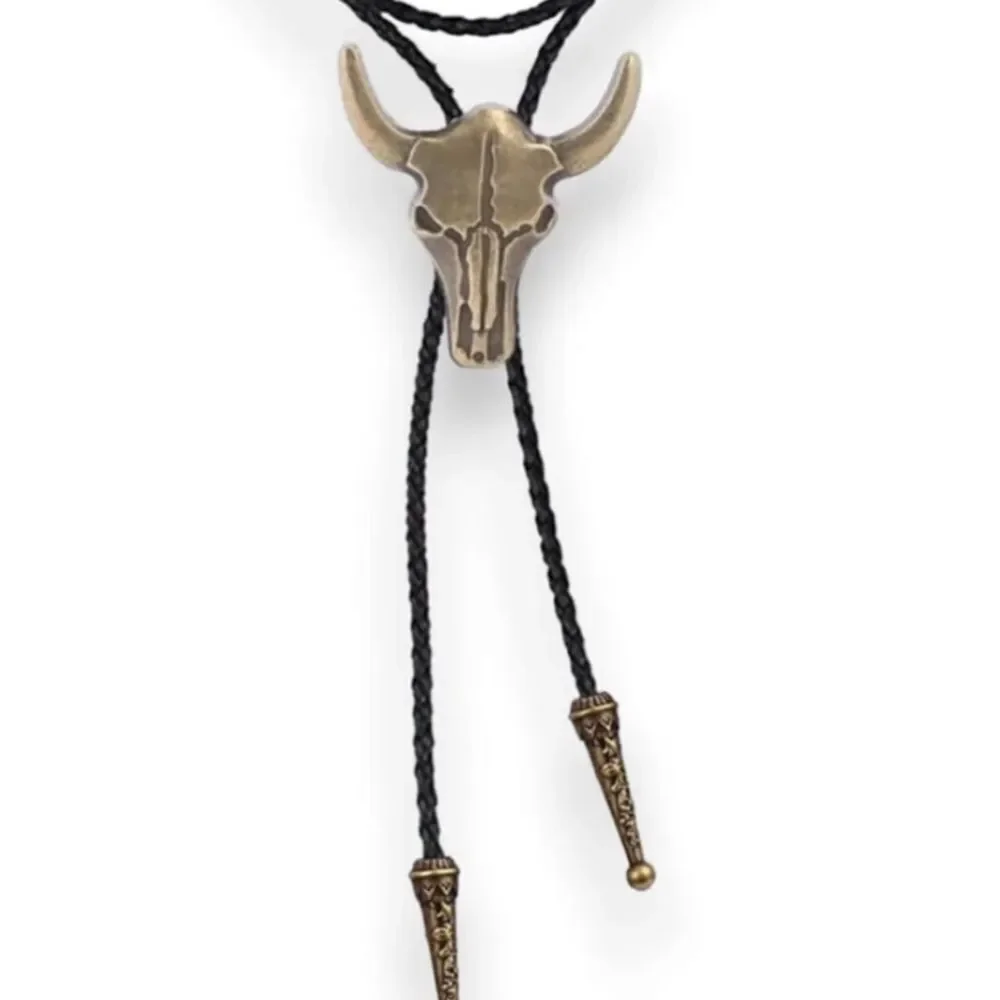 Vintage Brass Bull Skull Bolo Tie Cowboy Necktie - NEW